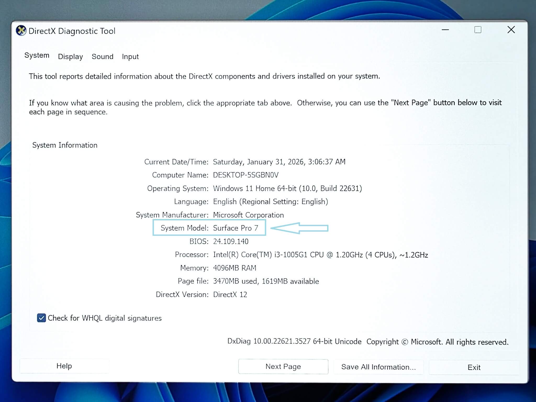 Finding Surface model using dxdiag in Windows