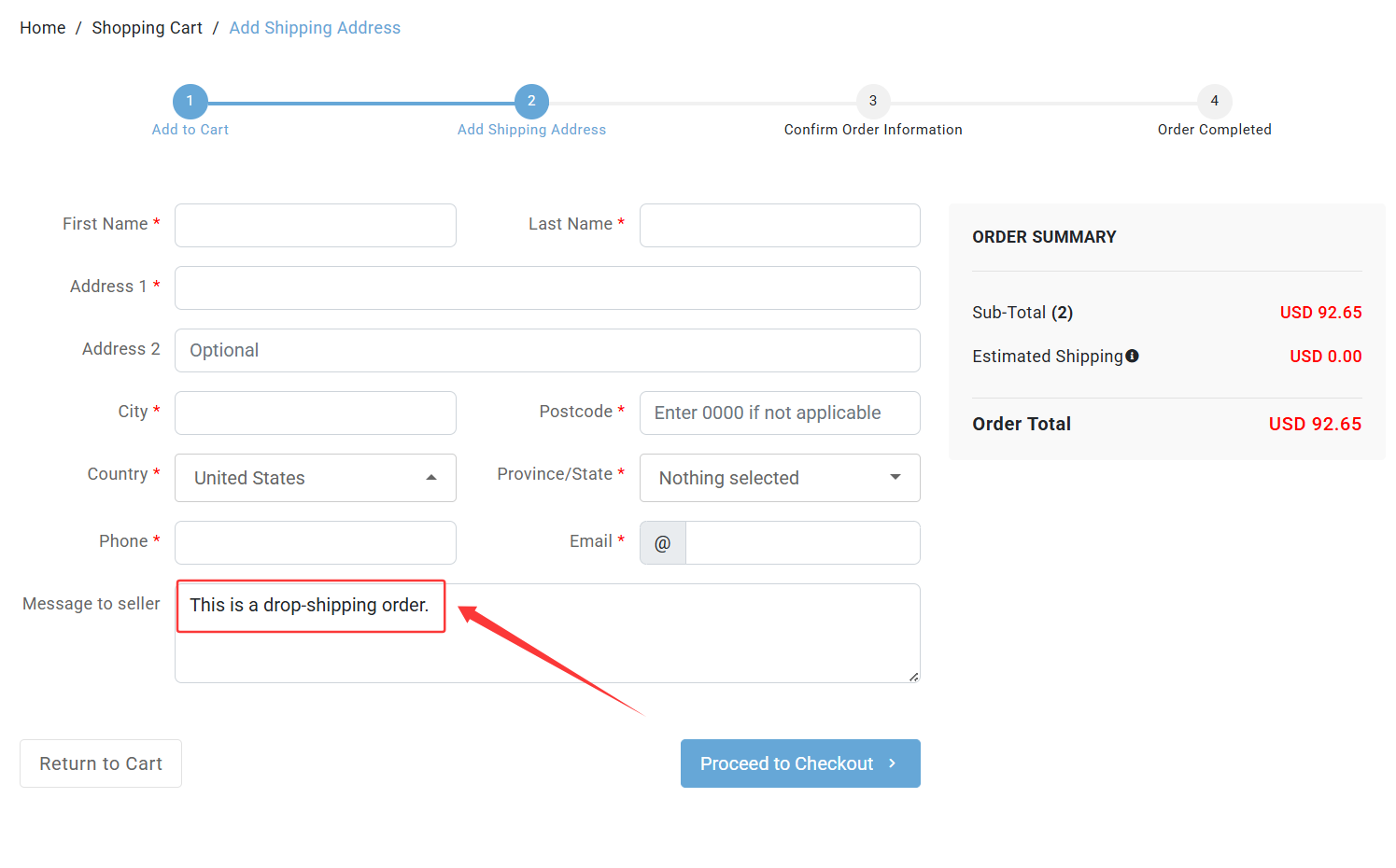 Dropshipping order note example on surfacebatteryshop.com checkout page